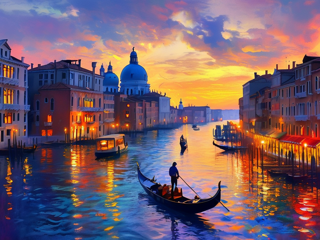 Impressionism AI art: 威尼斯运河的黄昏，贡多拉缓缓驶过，节日灯火的绚烂背景