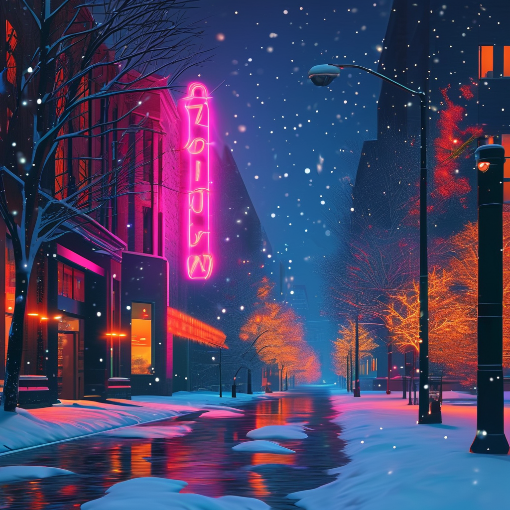 Neon Glow AI art: 波普艺术风格的城市拼贴，冬日飘雪的静谧时刻
