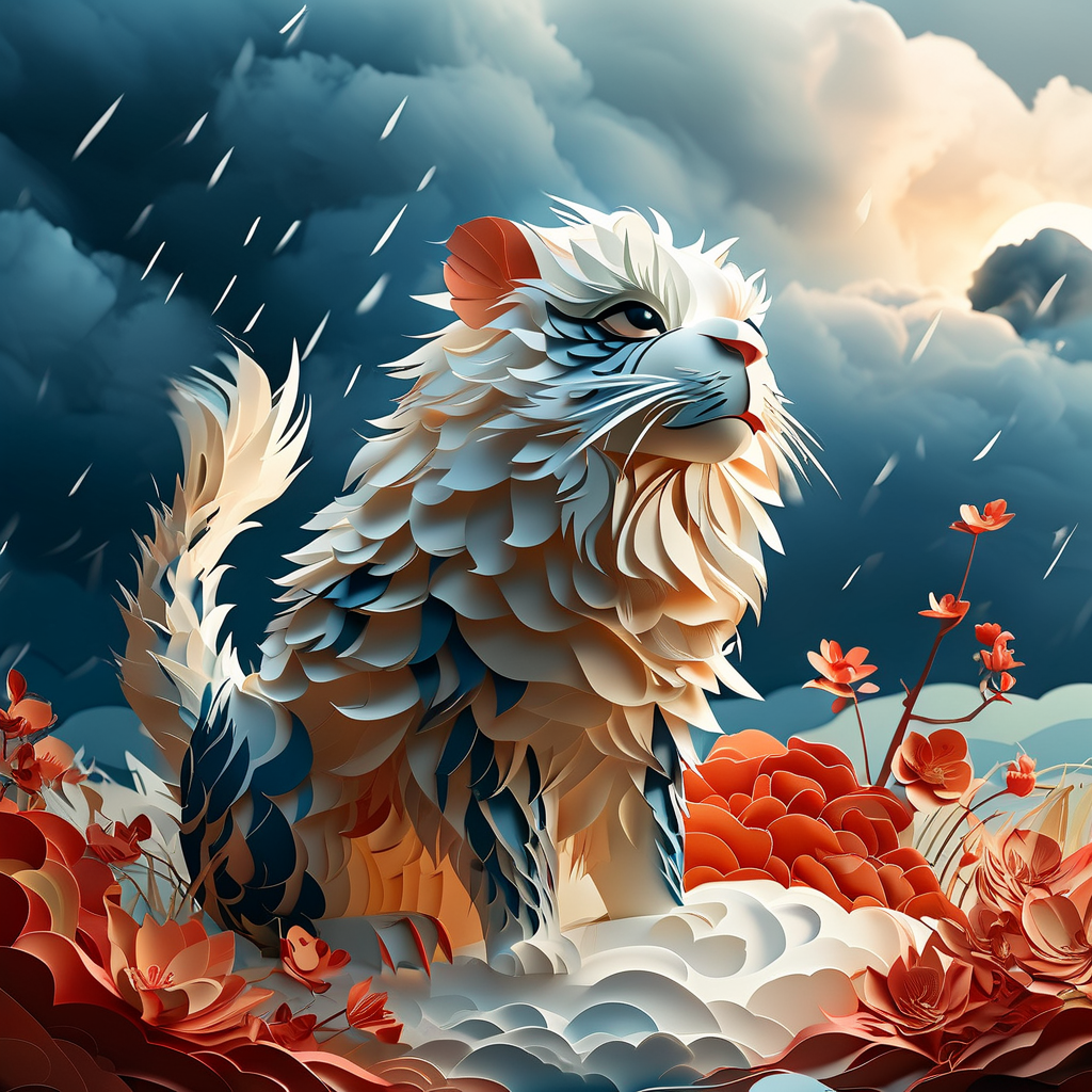 Flat Design AI art: 剪纸风格的中国传统生肖图案，暴风雨来临前的压抑天空