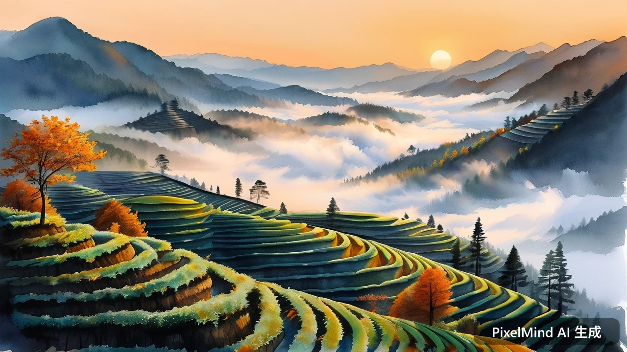 Ink Wash AI art: 晨雾笼罩的茶山梯田，层层叠叠，秋意渐浓的暖色调