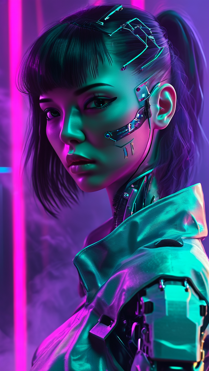 Cyberpunk AI art: 赛博朋克女孩，半机械义体，霓虹背景，薄雾朦胧的氤氲氛围