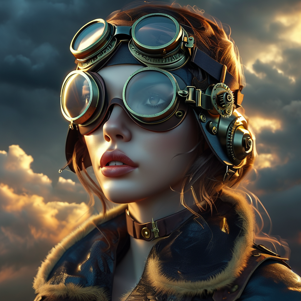 3D Render AI art: 蒸汽朋克风格的女飞行员与齿轮护目镜，暴风雨来临前的压抑天空