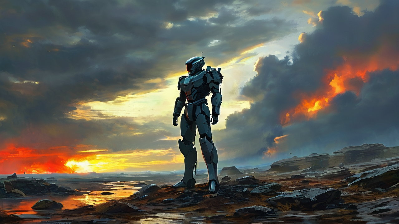 Sci-Fi AI art: 机甲战士伫立在废土之上，夕阳如血，暴风雨来临前的压抑天空