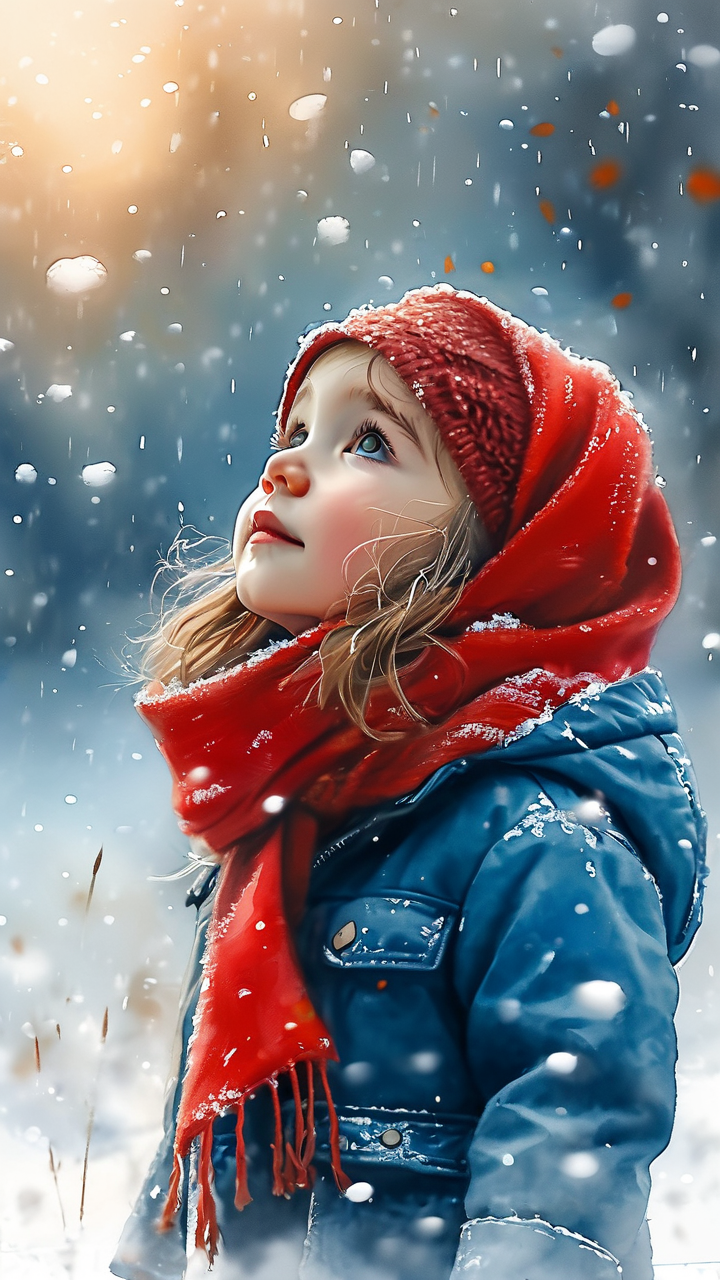 Watercolor AI art: 雪地里裹着红围巾的小女孩仰望天空，雨后湿润清新的空气中