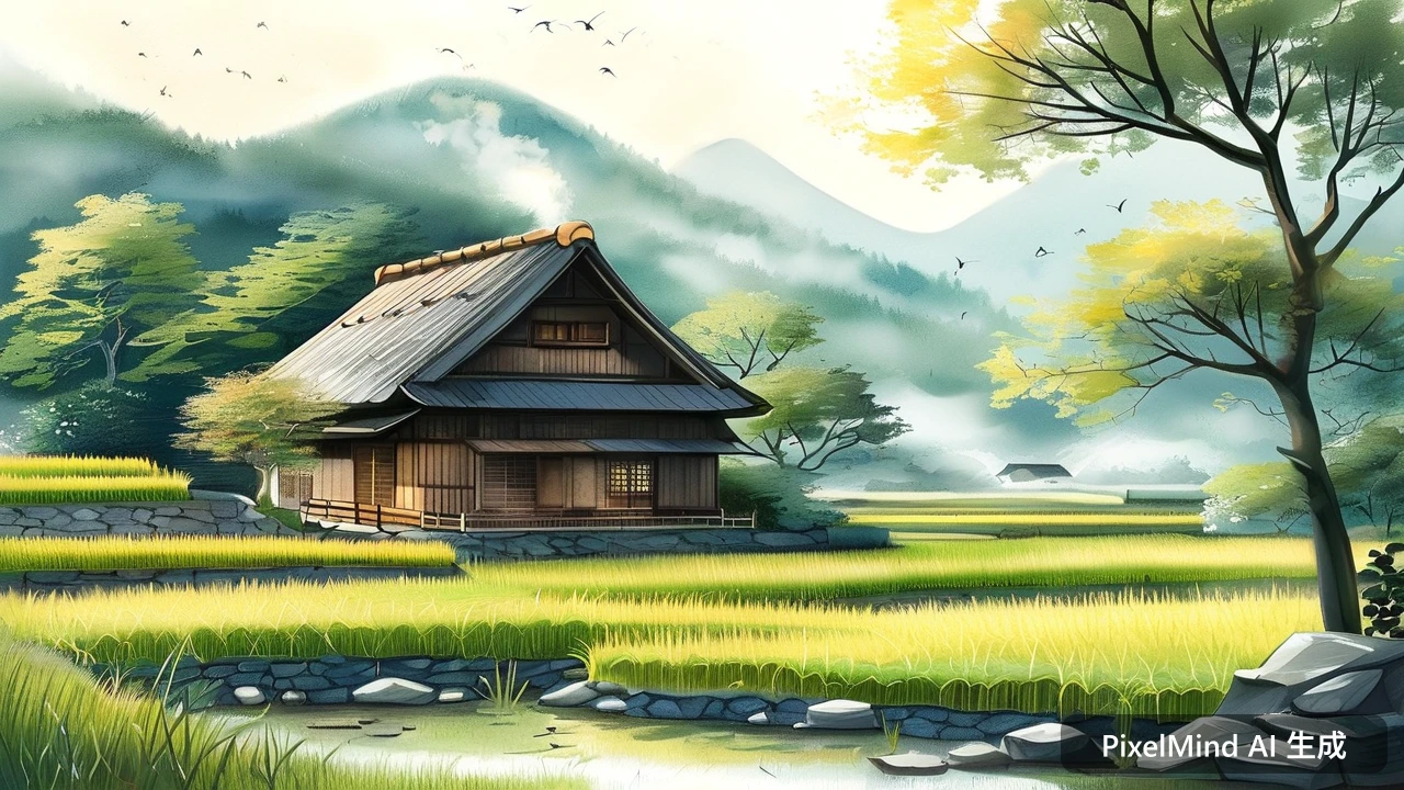 Hand-drawn AI art: 治愈系日系手绘风格的乡间小屋与稻田，薄雾朦胧的氤氲氛围