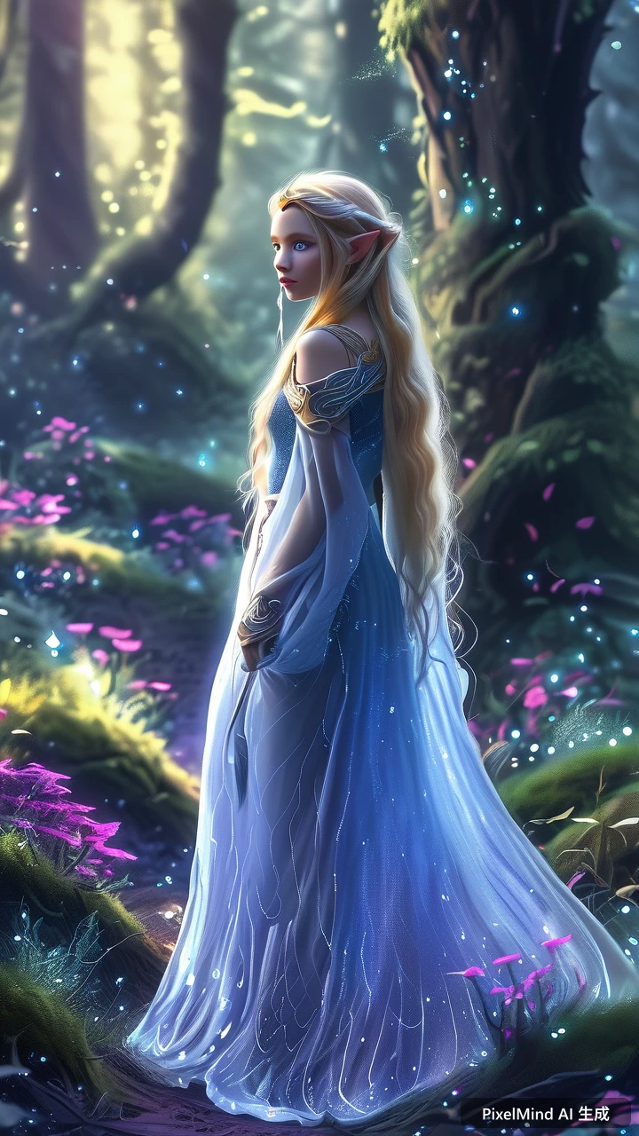Fantasy AI art: 精灵公主漫步在魔法森林中