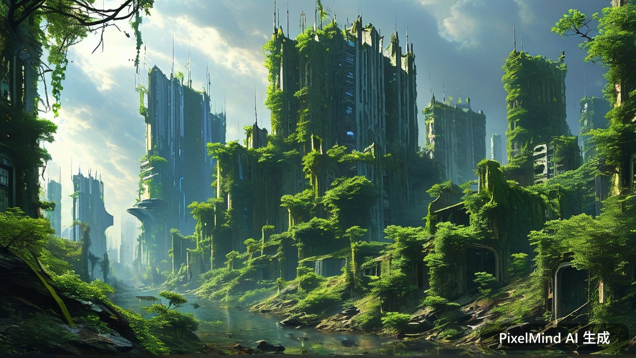 Sci-Fi AI art: 废墟都市被藤蔓与森林吞没