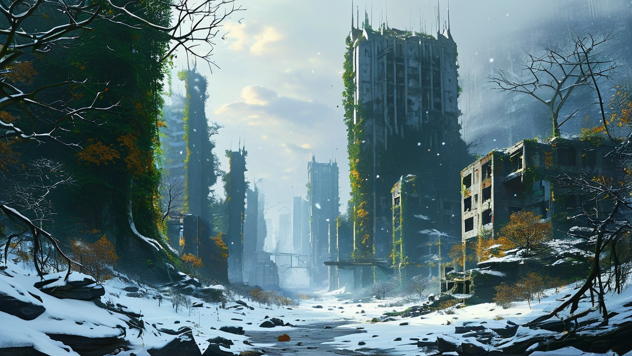 Sci-Fi AI art: 废墟都市被藤蔓与森林吞没，冬日飘雪的静谧时刻