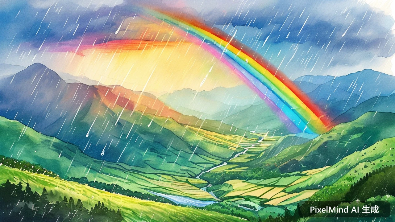 Watercolor AI art: 雨后彩虹横跨翠绿的山谷