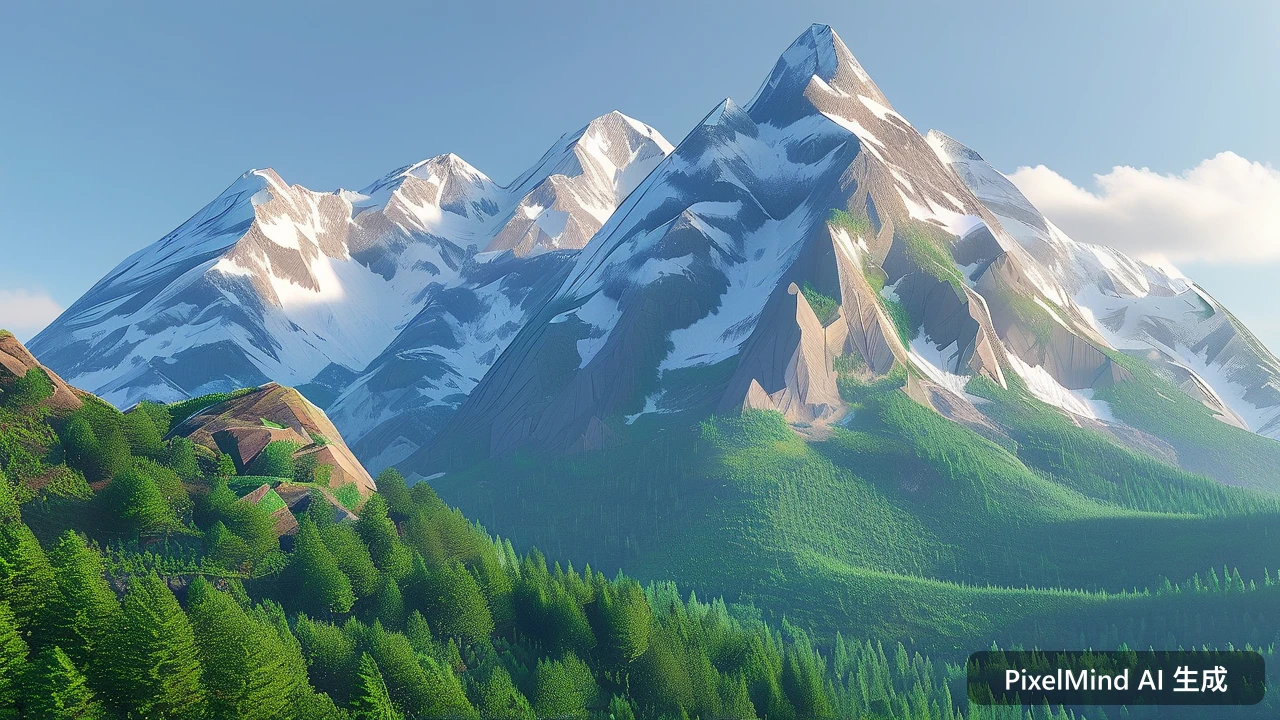 3D Render AI art: 低多边形几何风格的山脉与森林
