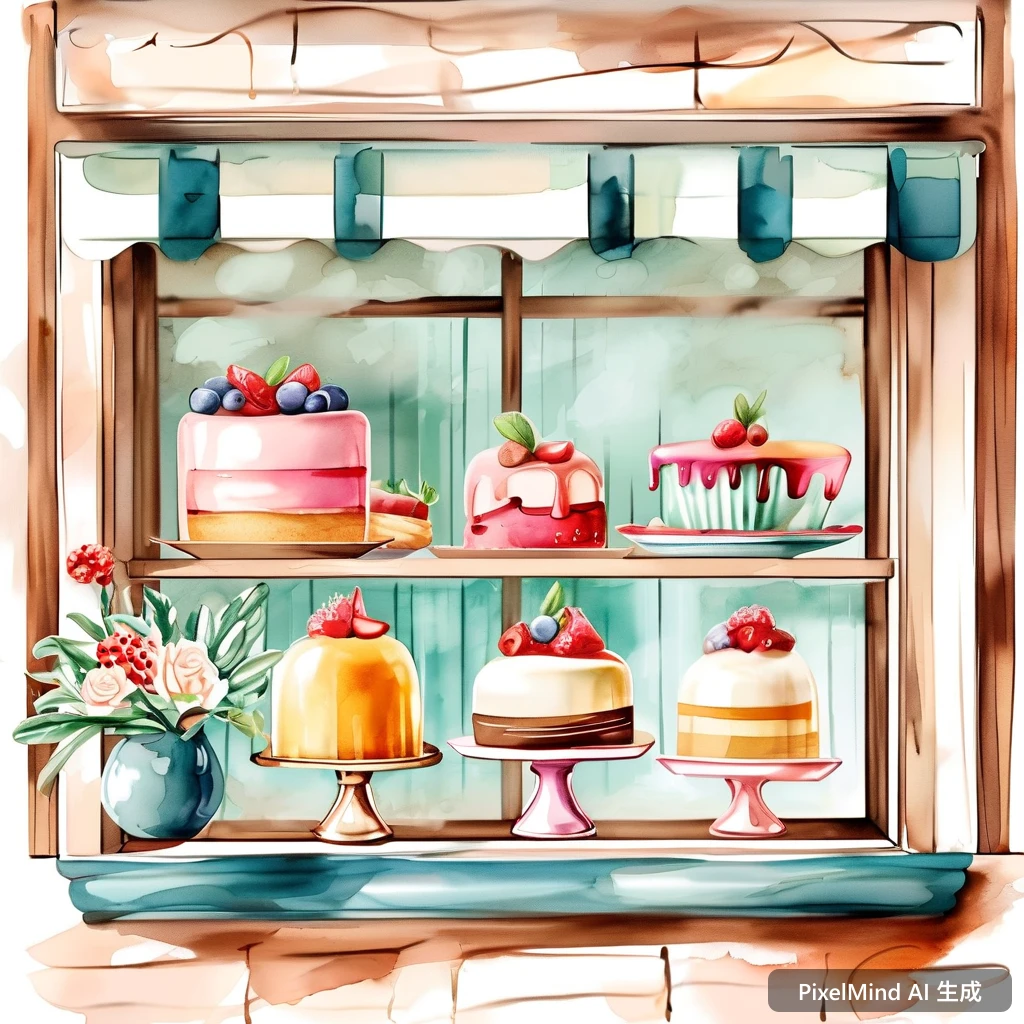 Watercolor AI art: 可爱的水彩风格甜品店橱窗