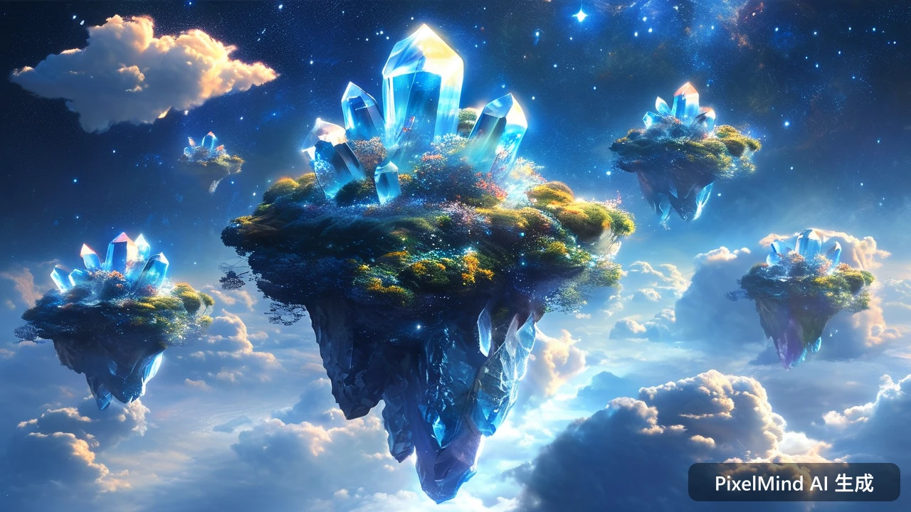 Fantasy AI art: 漂浮在星云中的水晶岛屿