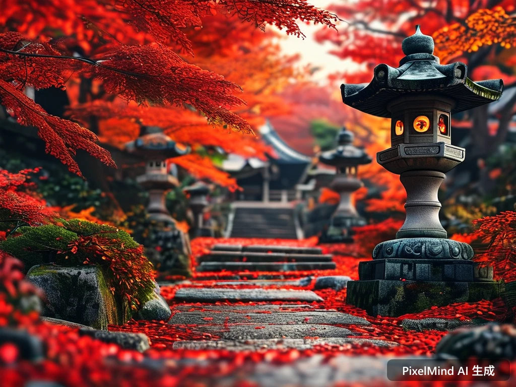 Photorealistic AI art: 京都古寺的红叶与石灯笼