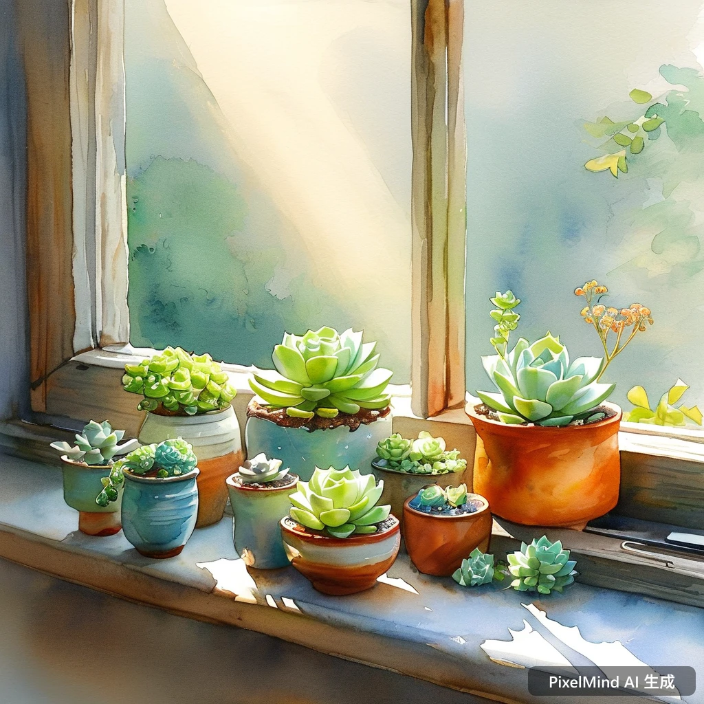 Watercolor AI art: 窗台上的多肉植物与清晨阳光