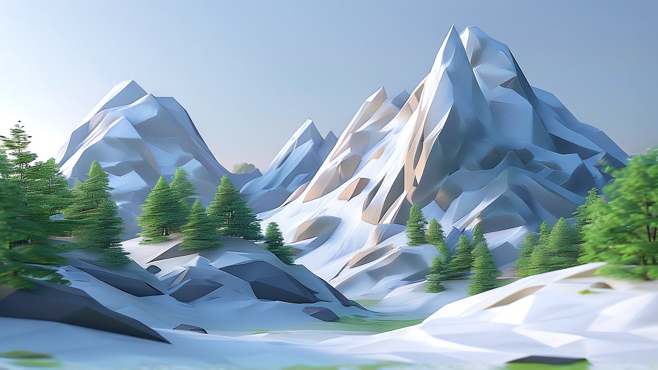 3D Render AI art: 低多边形几何风格的山脉与森林，梦幻柔焦的浪漫氛围