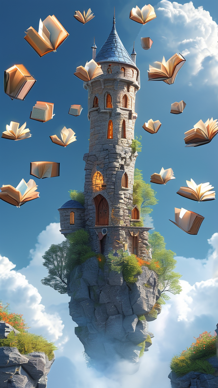 Fantasy AI art: 魔法师的塔楼，书籍漂浮在空中，极简留白的构图