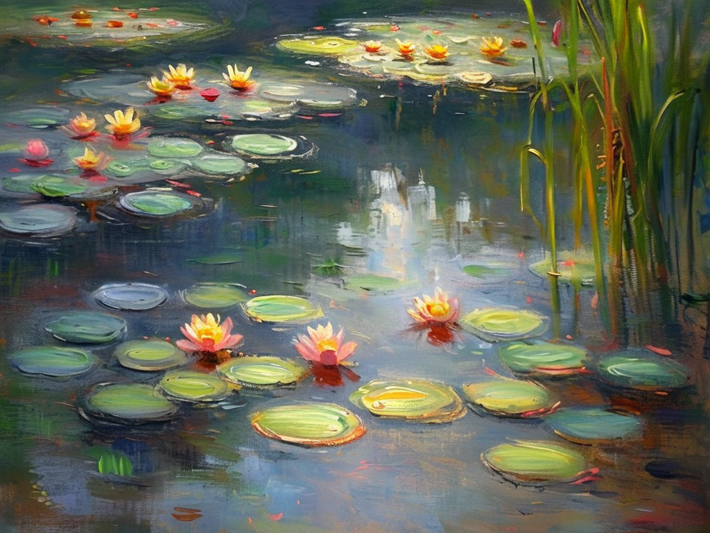 Impressionism AI art: 莫奈风格的睡莲池塘，梦幻柔焦的浪漫氛围