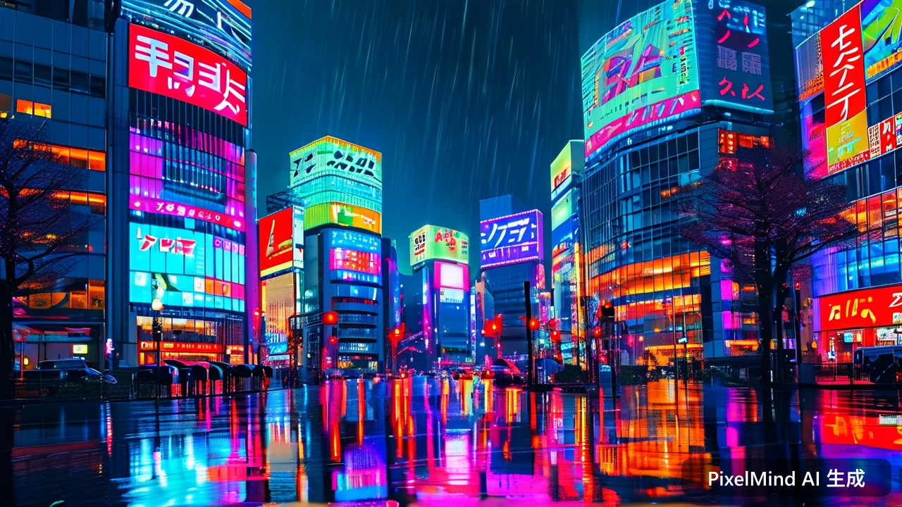 Cyberpunk AI art: 繁忙的东京涩谷十字路口，雨后霓虹倒影