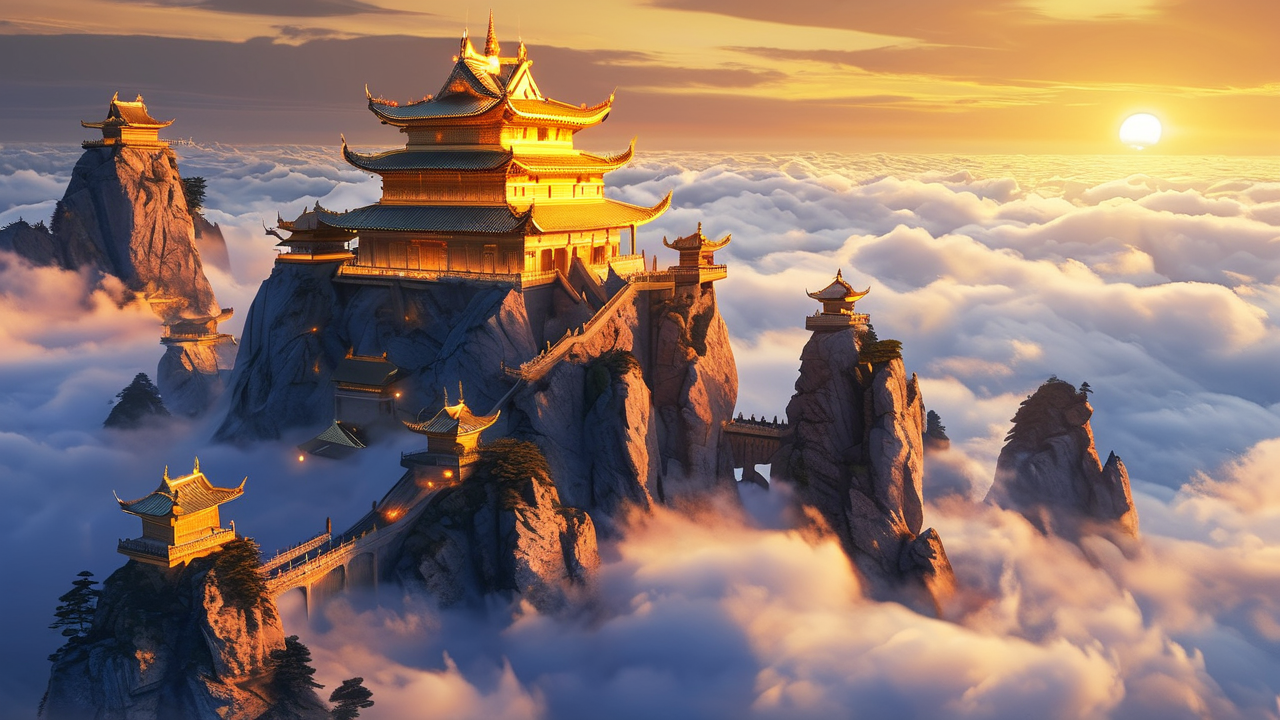 Fantasy AI art: 云海之上的金顶神庙，黄昏温暖的金色光线