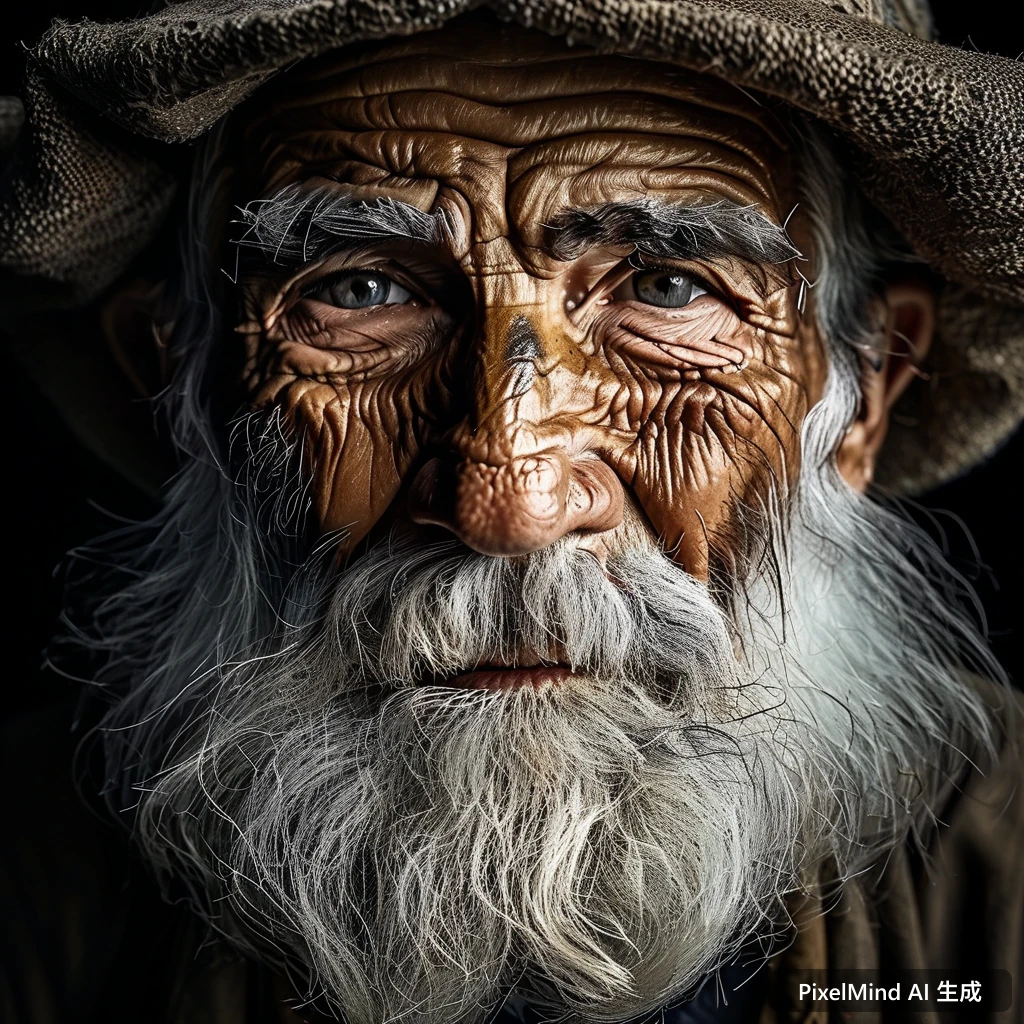 Photorealistic AI art: 老渔夫布满皱纹的脸，黑白肖像特写