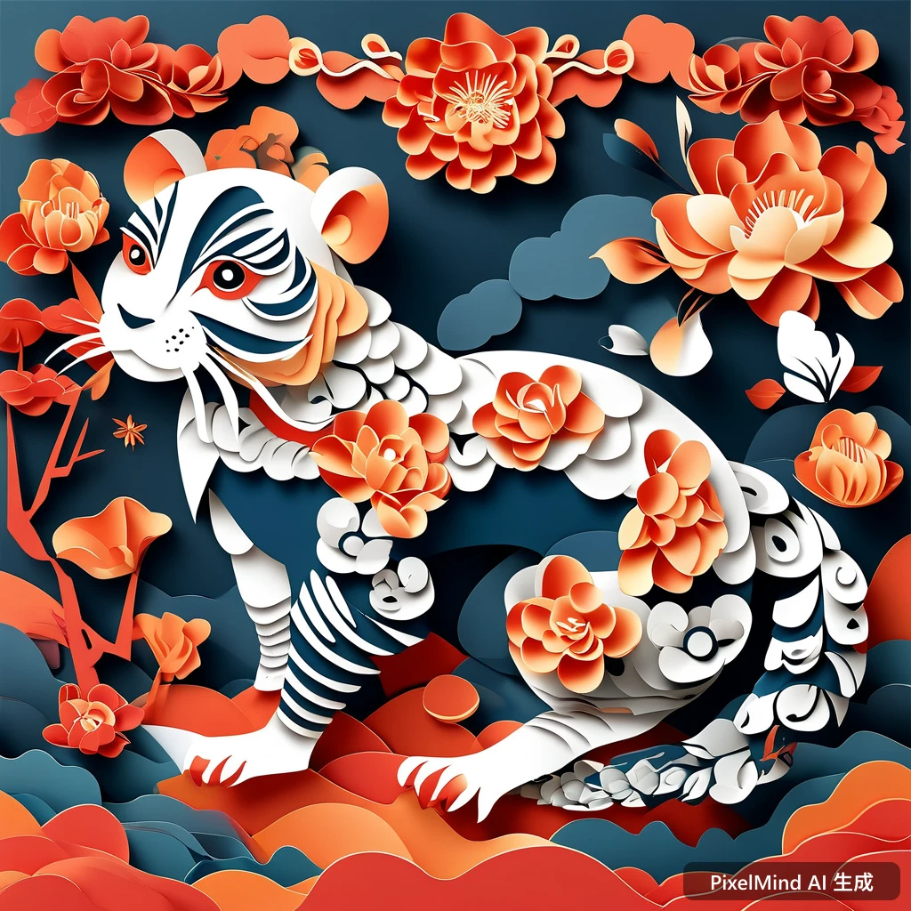 Flat Design AI art: 剪纸风格的中国传统生肖图案
