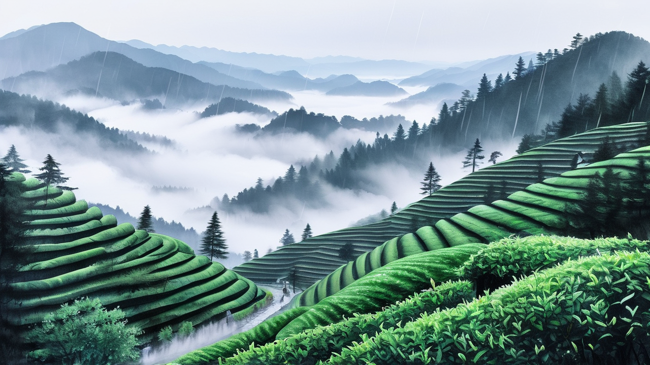 Ink Wash AI art: 晨雾笼罩的茶山梯田，层层叠叠，雨后湿润清新的空气中