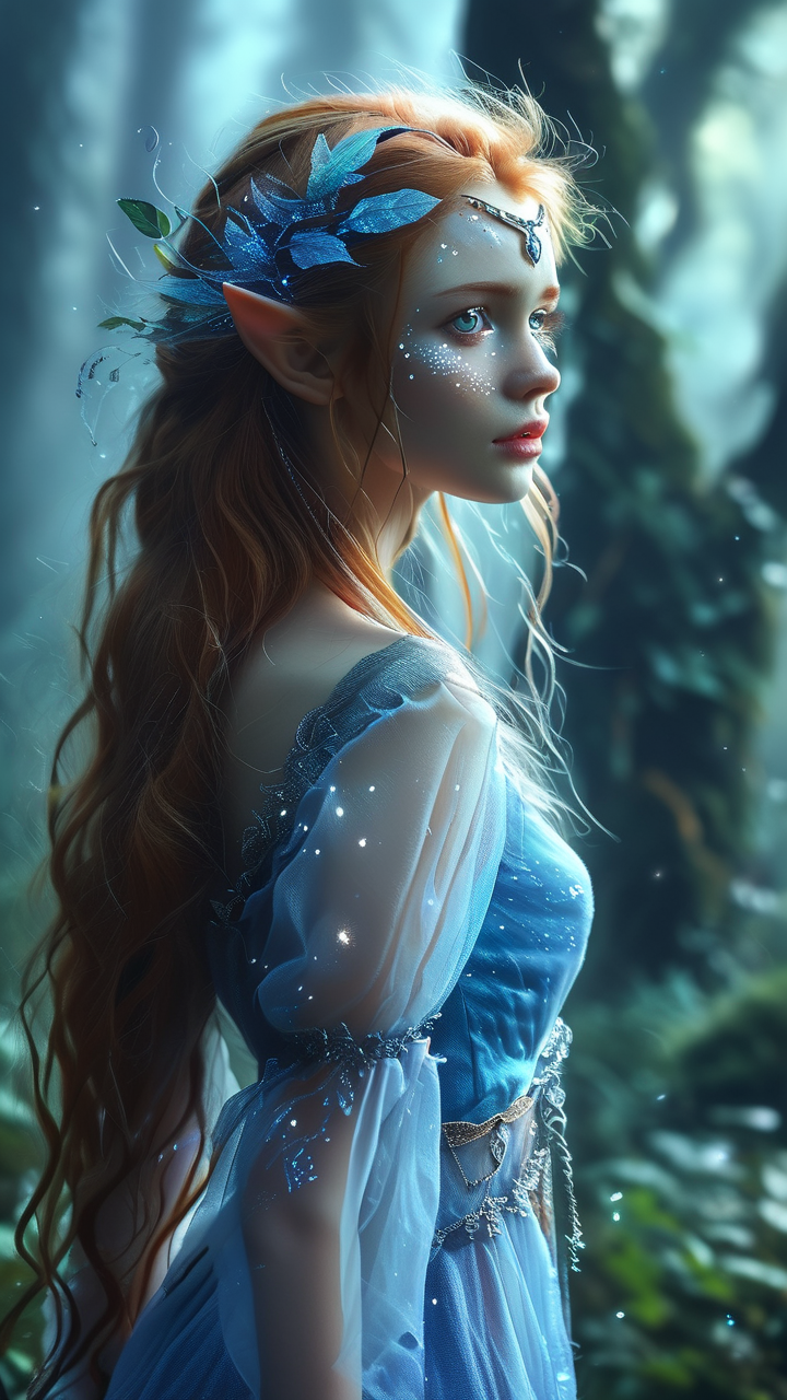 Fantasy AI art: 精灵公主漫步在魔法森林中，薄雾朦胧的氤氲氛围
