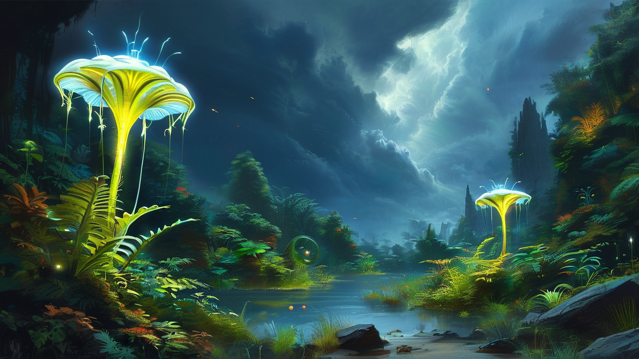 Sci-Fi AI art: 外星丛林中的发光植物与奇异生物，暴风雨来临前的压抑天空