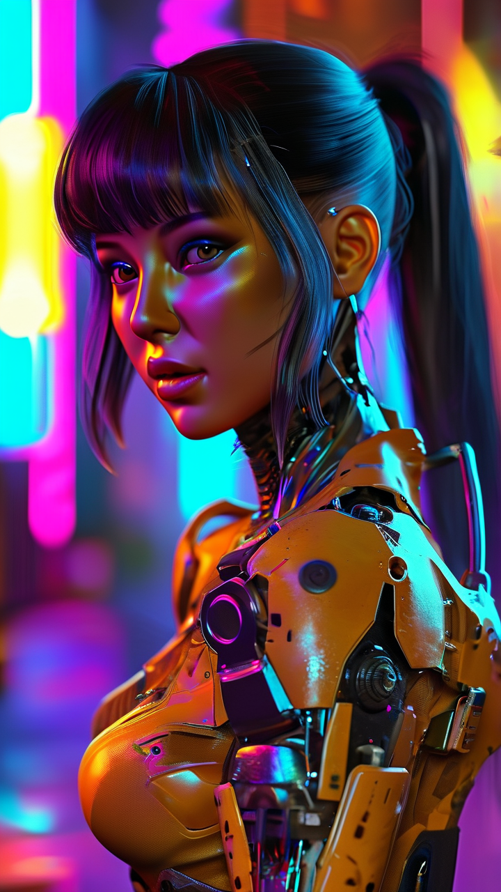 Cyberpunk AI art: 赛博朋克女孩，半机械义体，霓虹背景，秋意渐浓的暖色调