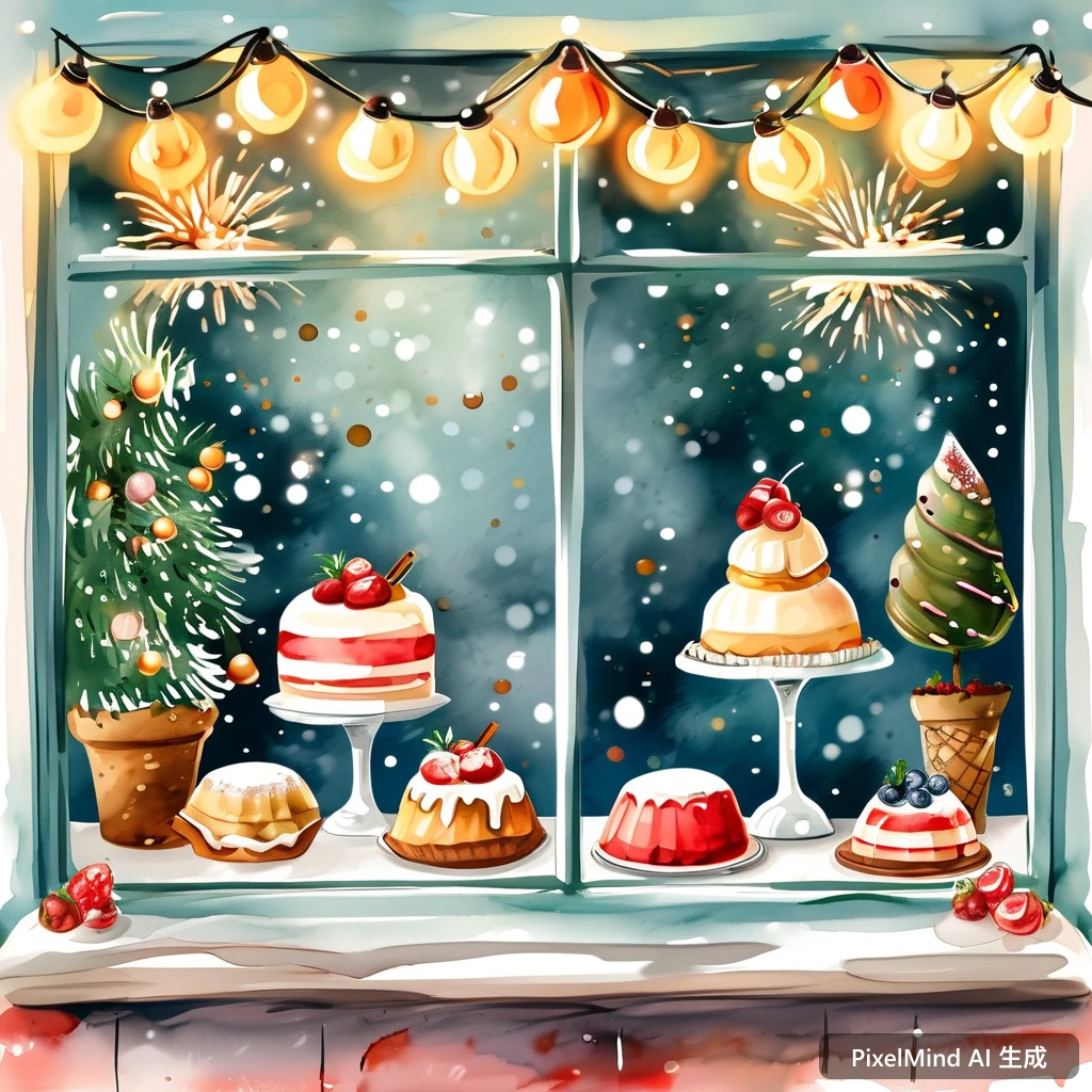 Watercolor AI art: 可爱的水彩风格甜品店橱窗，节日灯火的绚烂背景