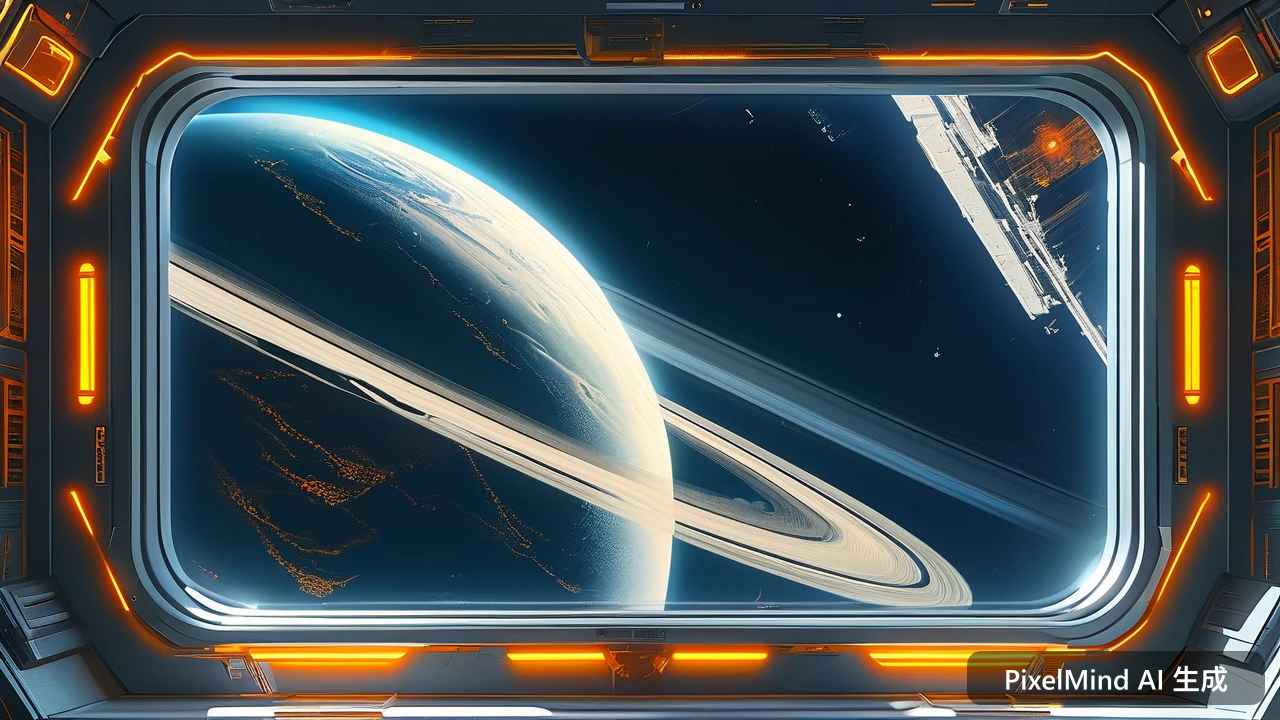 Sci-Fi AI art: 太空站舷窗外的土星光环