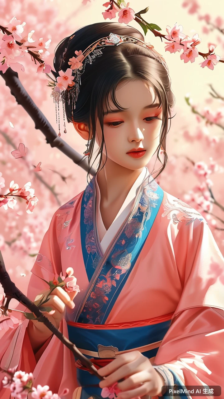 Anime AI art: 身着汉服的少女在桃花林中抚琴