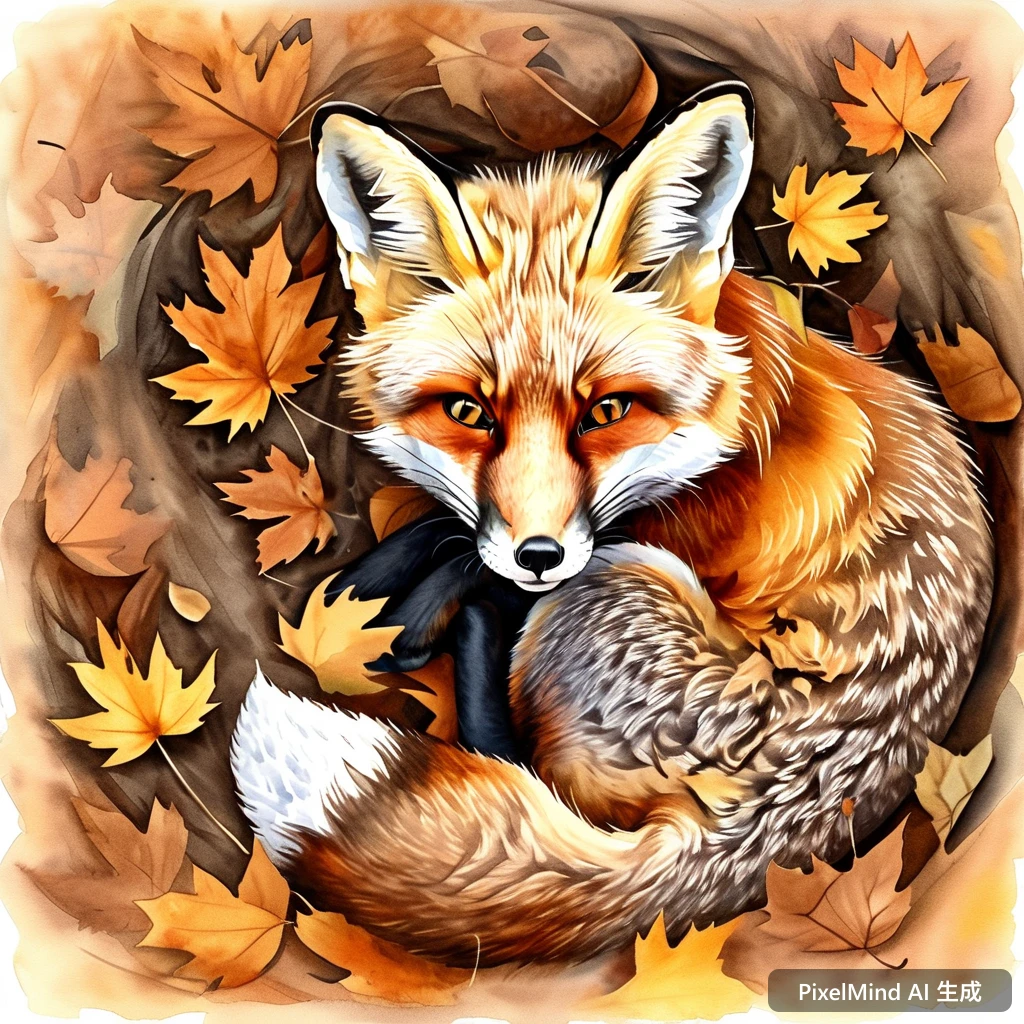 Watercolor AI art: 水彩风格的狐狸蜷缩在落叶中