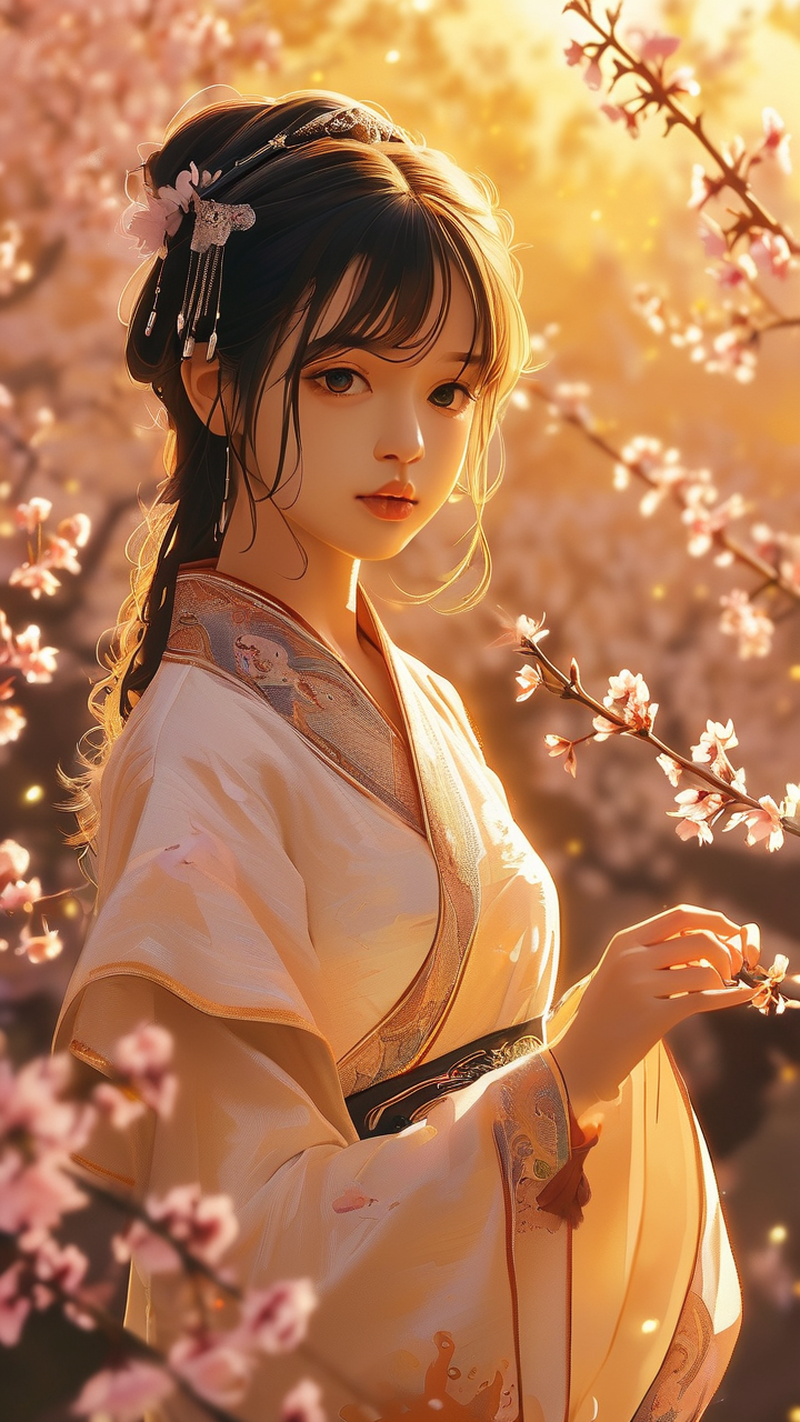 Anime AI art: 身着汉服的少女在桃花林中抚琴，黄昏温暖的金色光线