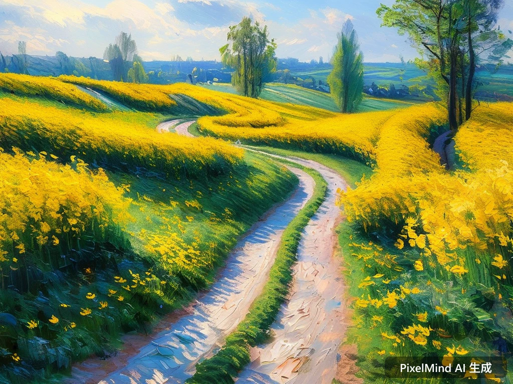 Impressionism AI art: 春日油菜花海中蜿蜒的乡间小路