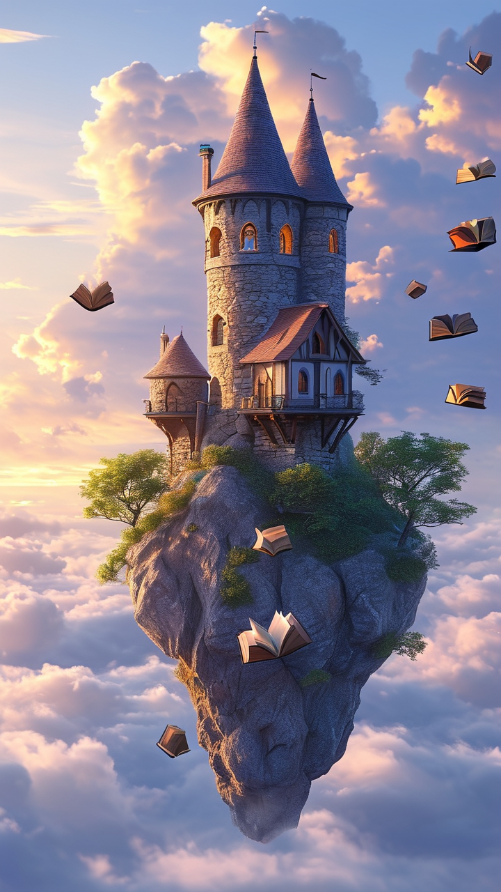 Fantasy AI art: 魔法师的塔楼，书籍漂浮在空中，清晨柔和的阳光下