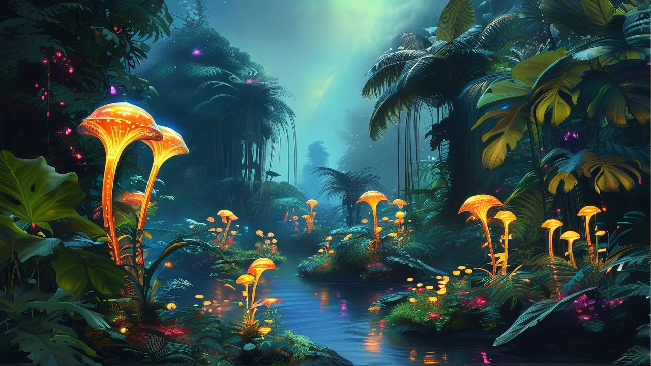 Sci-Fi AI art: 外星丛林中的发光植物与奇异生物，节日灯火的绚烂背景