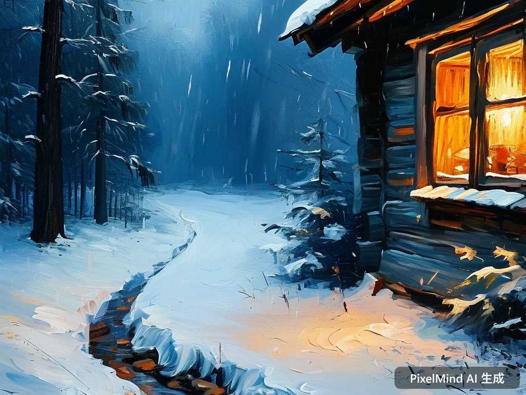 Oil Painting AI art: 雪夜里温暖的木屋窗口透出灯光，雨后湿润清新的空气中