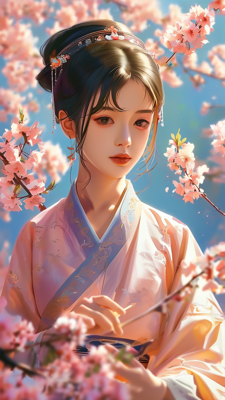 Anime AI art: 身着汉服的少女在桃花林中抚琴，盛夏明媚的正午阳光
