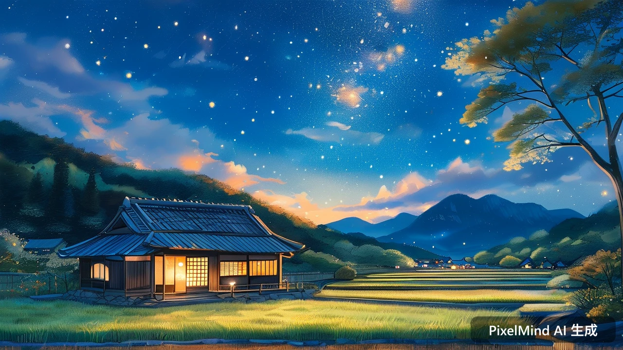 Hand-drawn AI art: 治愈系日系手绘风格的乡间小屋与稻田，夜晚璀璨的星空下