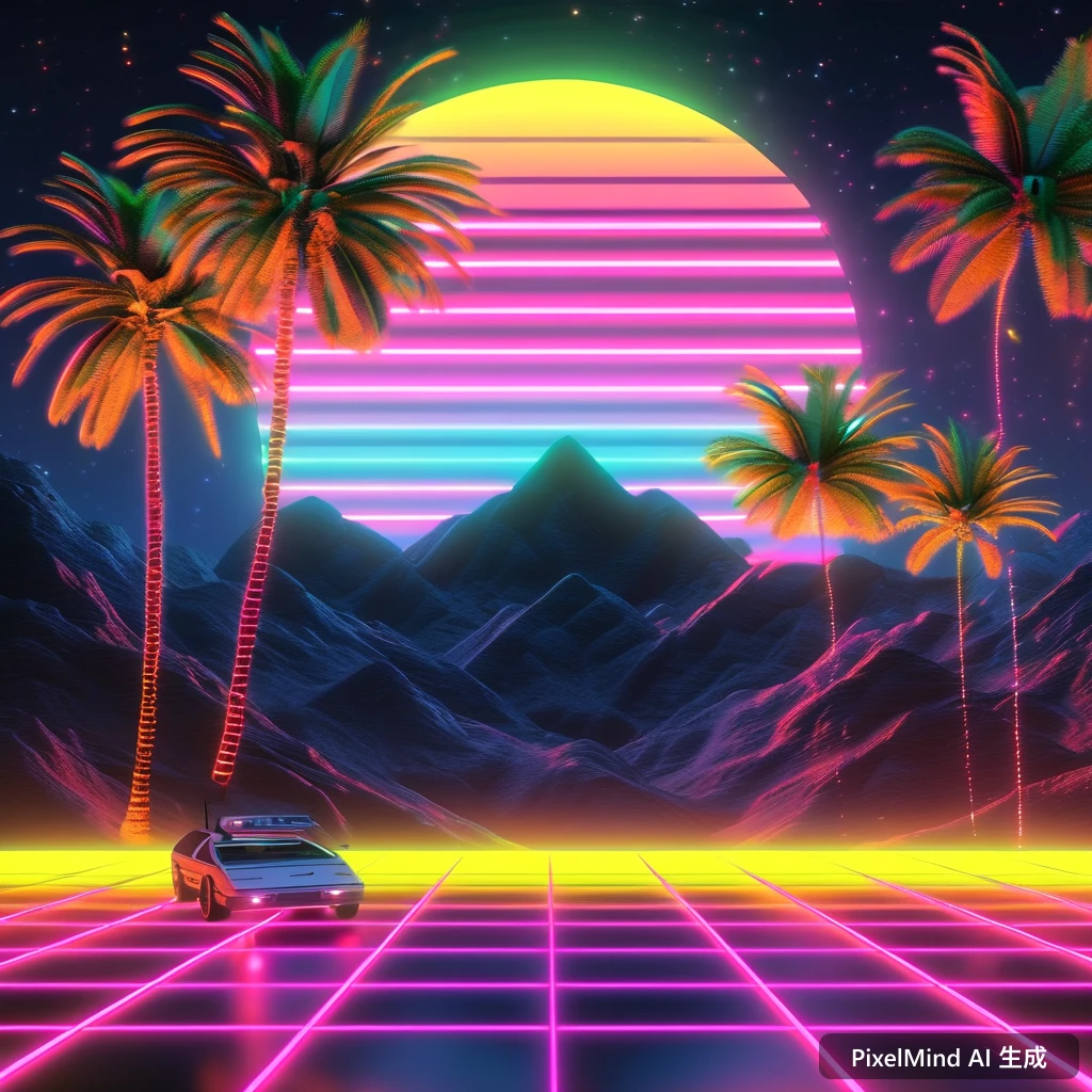 Neon Glow AI art: 蒸汽波风格的复古电脑与棕榈树，梦幻柔焦的浪漫氛围