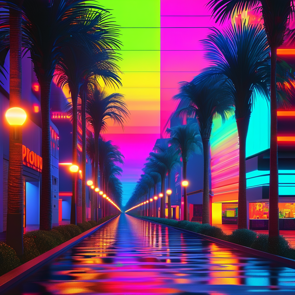 Neon Glow AI art: 波普艺术风格的城市拼贴，节日灯火的绚烂背景