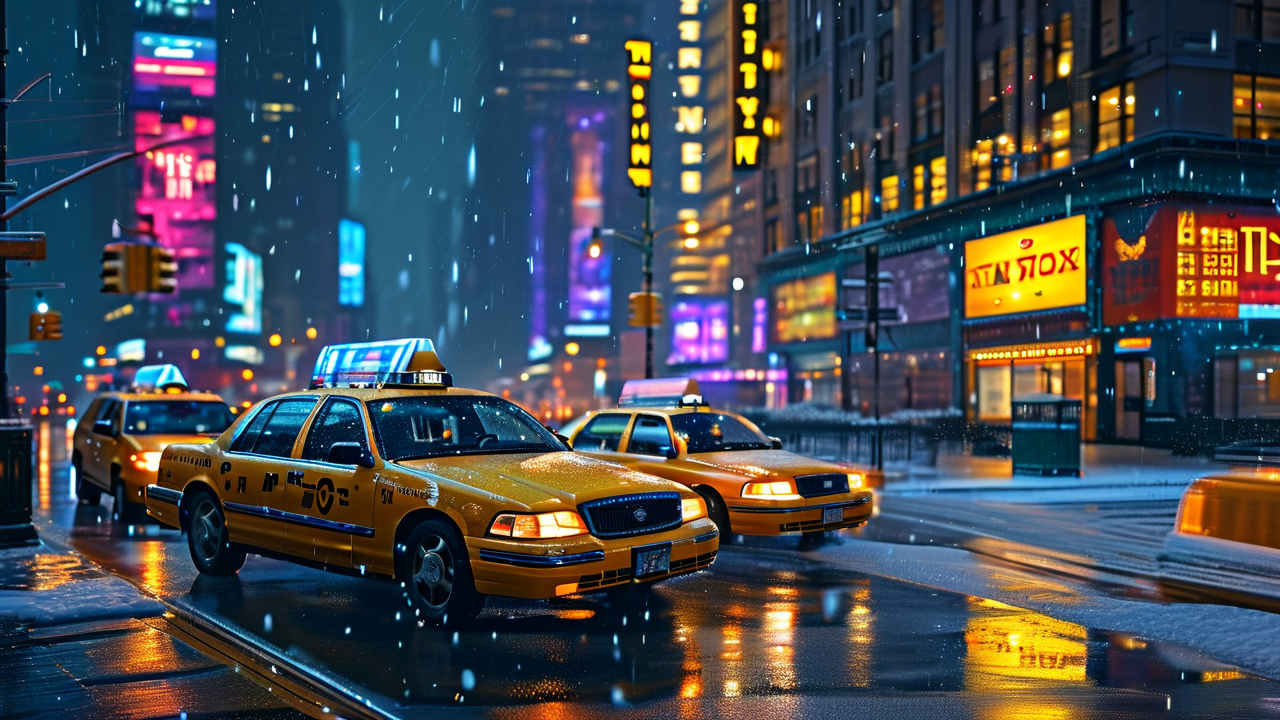 Cyberpunk AI art: 纽约时代广场的雨夜与黄色出租车，冬日飘雪的静谧时刻