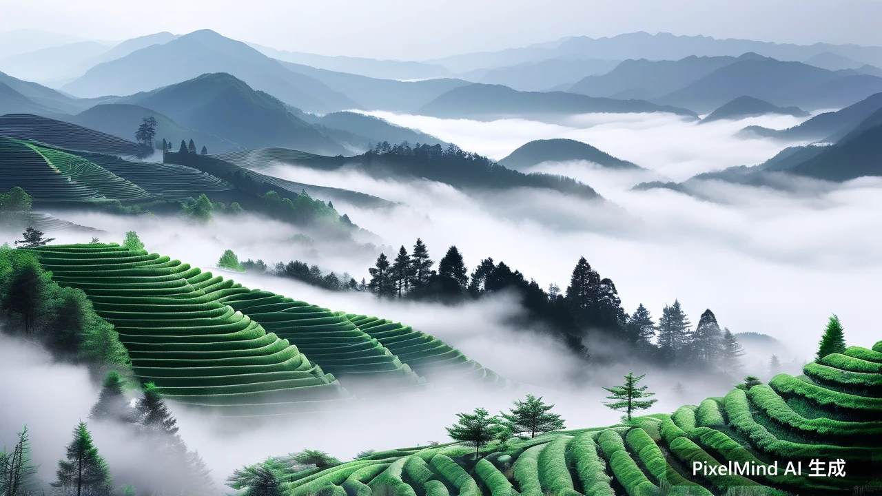 Ink Wash AI art: 晨雾笼罩的茶山梯田，层层叠叠