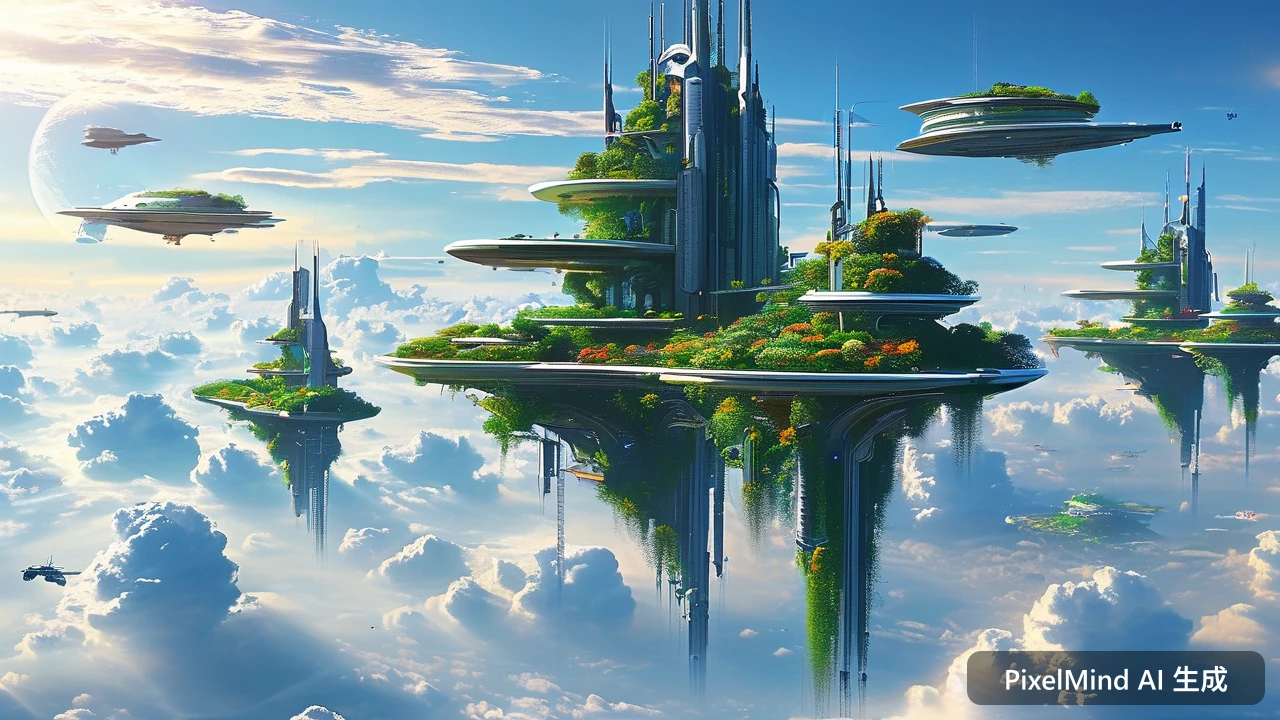 Sci-Fi AI art: 未来都市的天空之城，悬浮的花园与飞行器