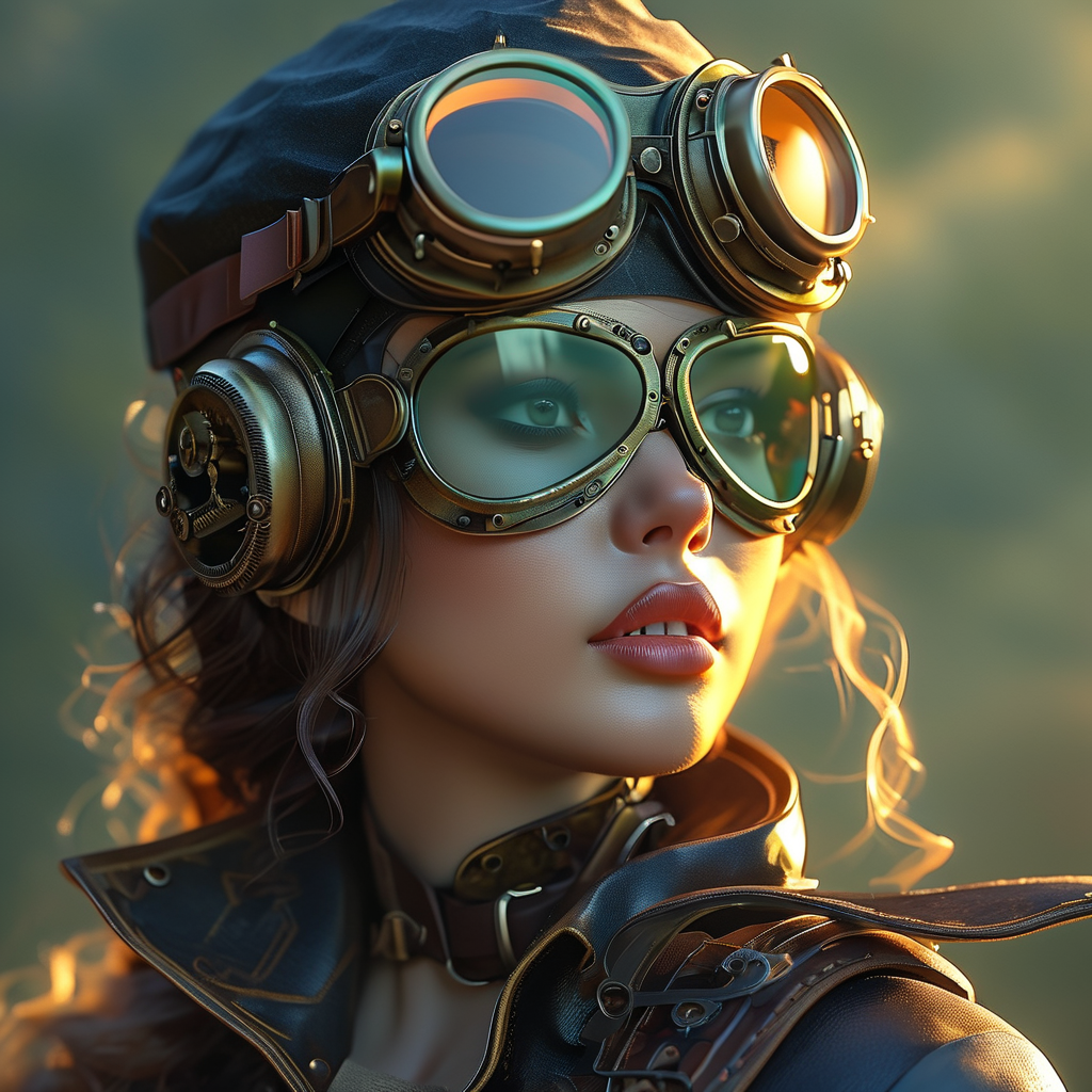 3D Render AI art: 蒸汽朋克风格的女飞行员与齿轮护目镜，清晨柔和的阳光下