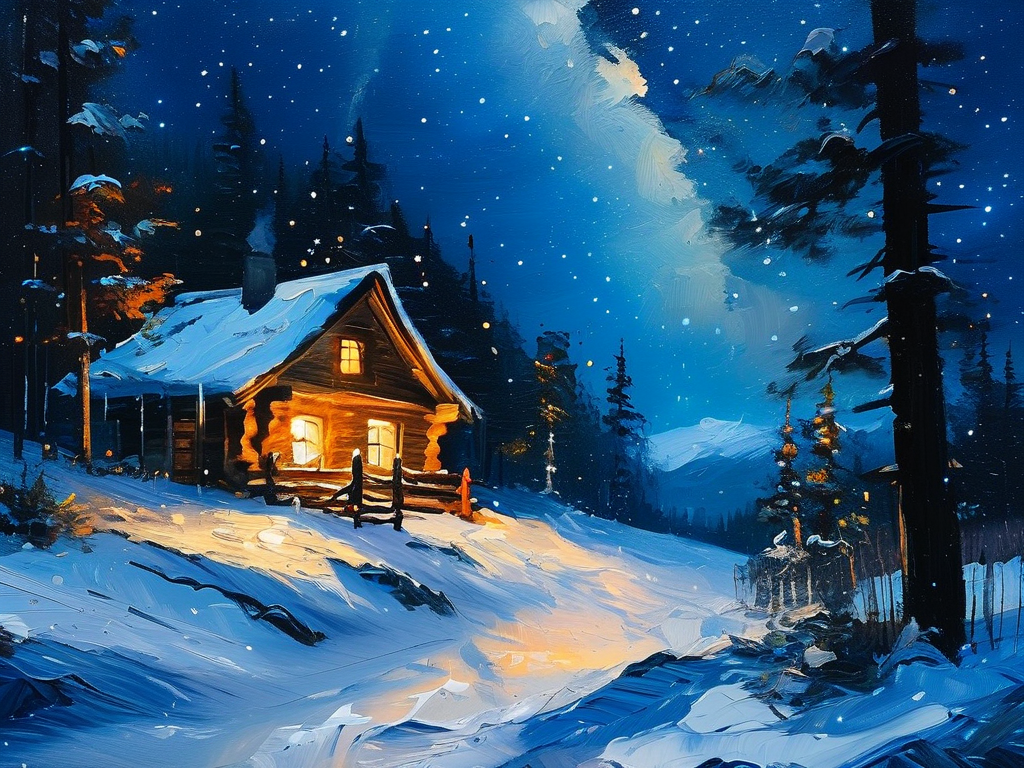 Oil Painting AI art: 雪夜里温暖的木屋窗口透出灯光，夜晚璀璨的星空下