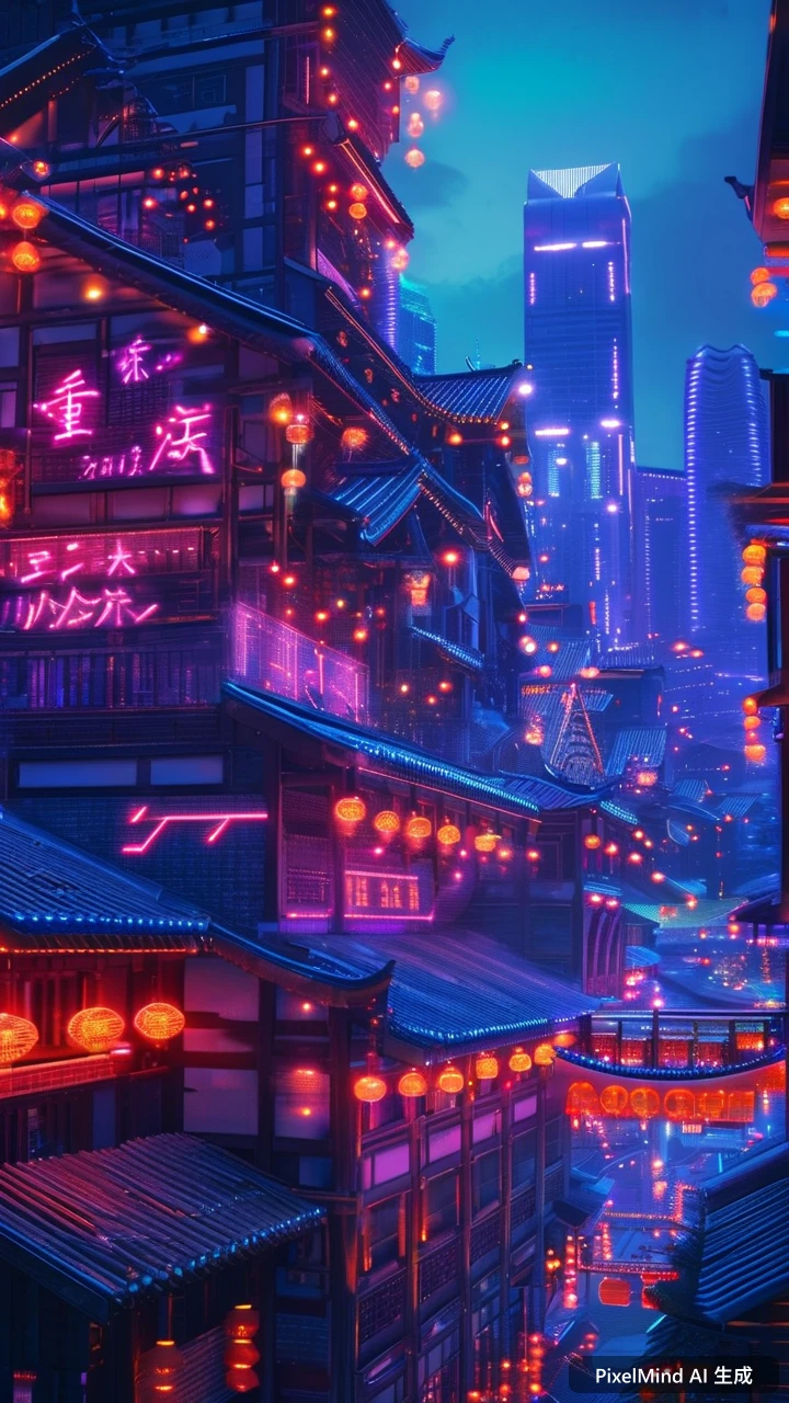 Cyberpunk AI art: 重庆魔幻3D立体城市夜景