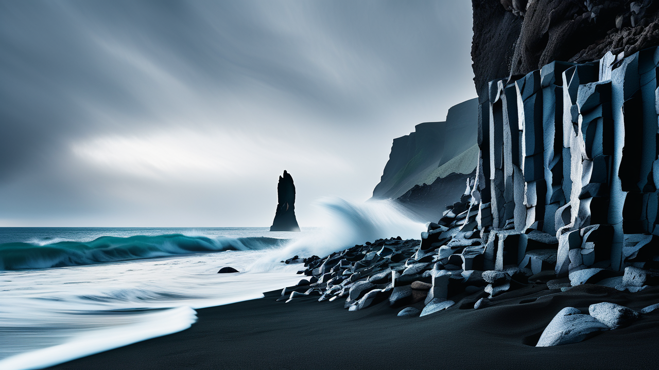 Photorealistic AI art: 冰岛黑沙滩上的玄武岩柱与海浪，电影感的戏剧性光影