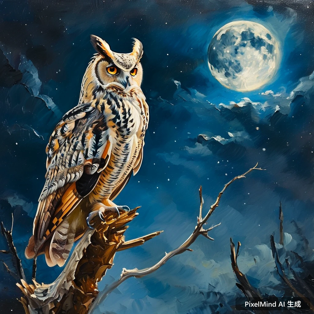 Oil Painting AI art: 一只猫头鹰栖息在月夜的枯枝上